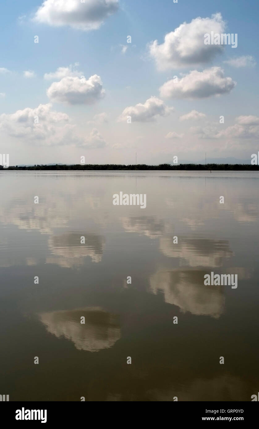 Clouds are reflected in the Albufera Natural Park lake, near Valencia in Spain September 1, 2016. Copyright photograph John Voos Stock Photo