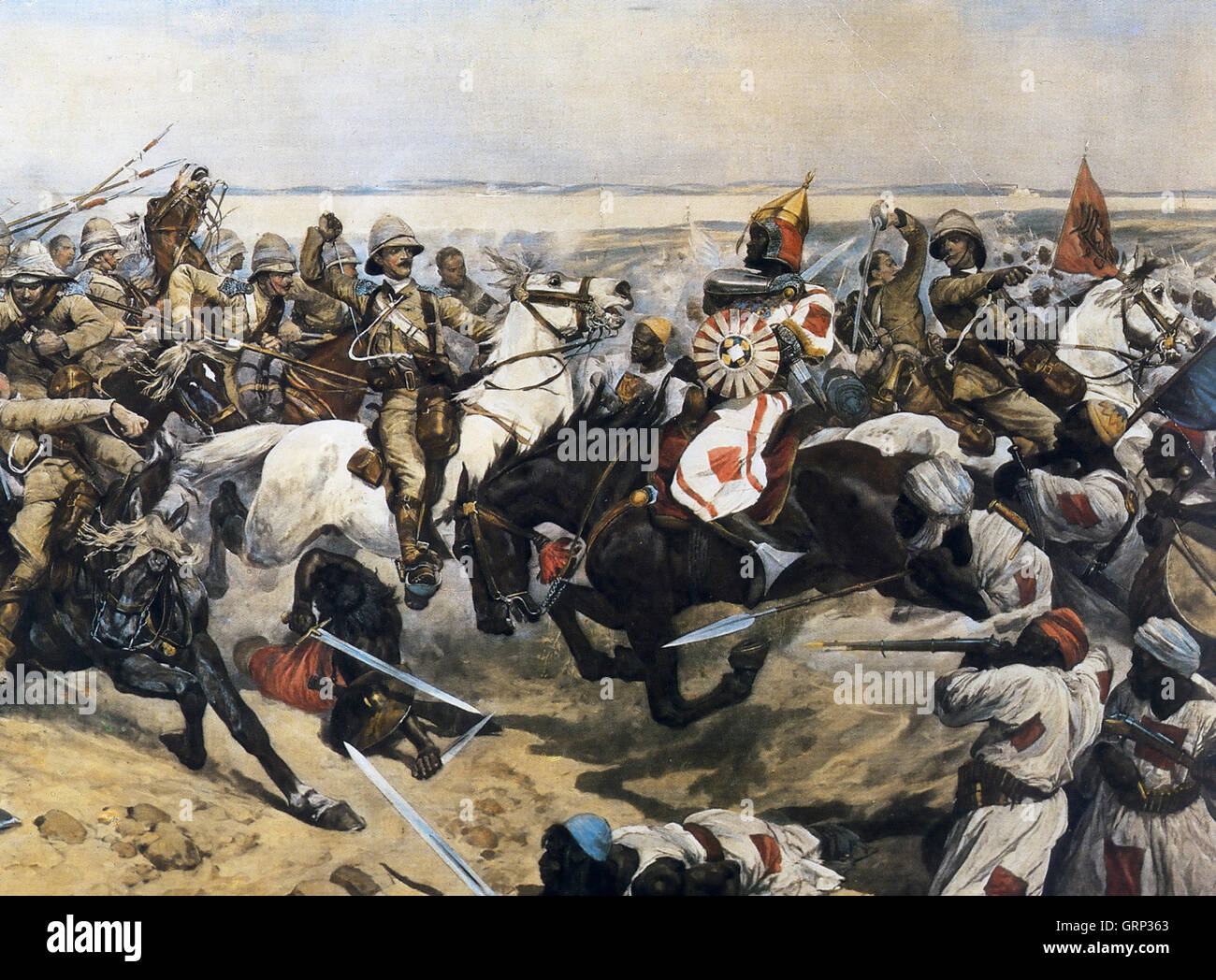 BATTLE OF OMDURMAN 2 September 1898. The charge of the 21 Lancers - in which Winston Churchill took part - painted by Richard Woodville in the same year. Stock Photo