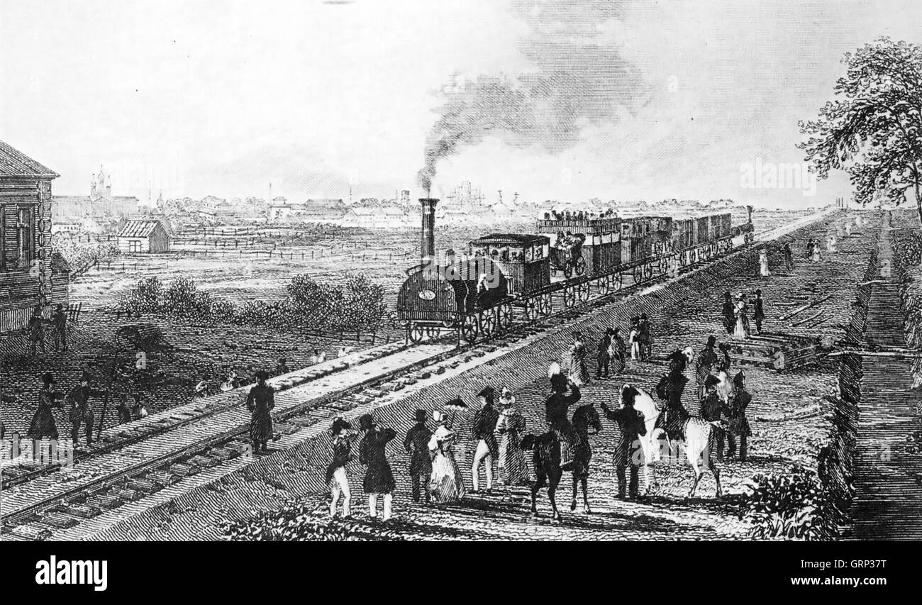 RUSSIAN RAILWAY Arrival of the first train from St Petersburg to Tsarskoye Selo near the Emperor's home on 30 October 1837 Stock Photo
