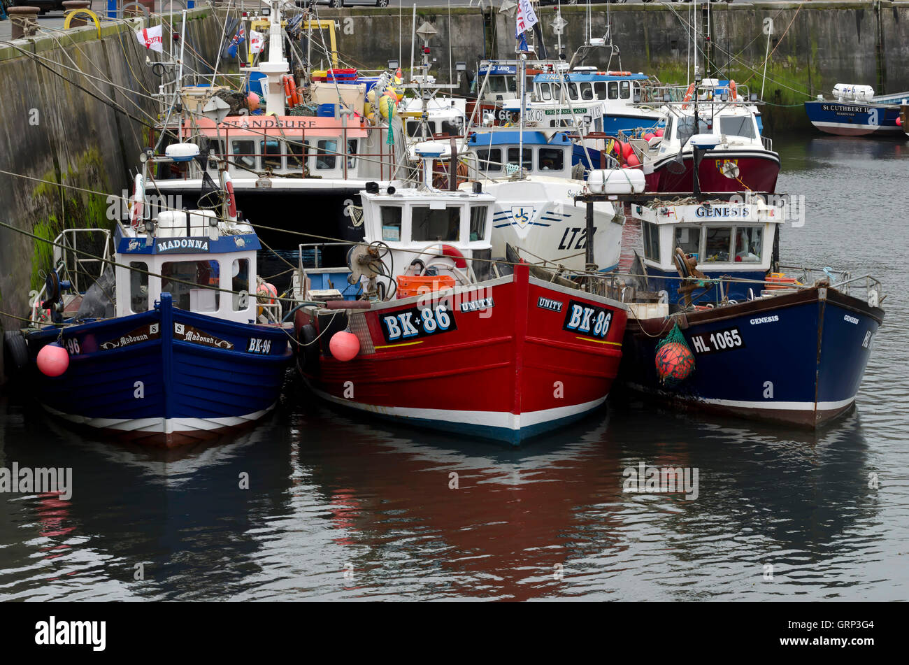 Fishing boats in Seahouses harbour on the coast of Northumberland, England. Stock Photo
