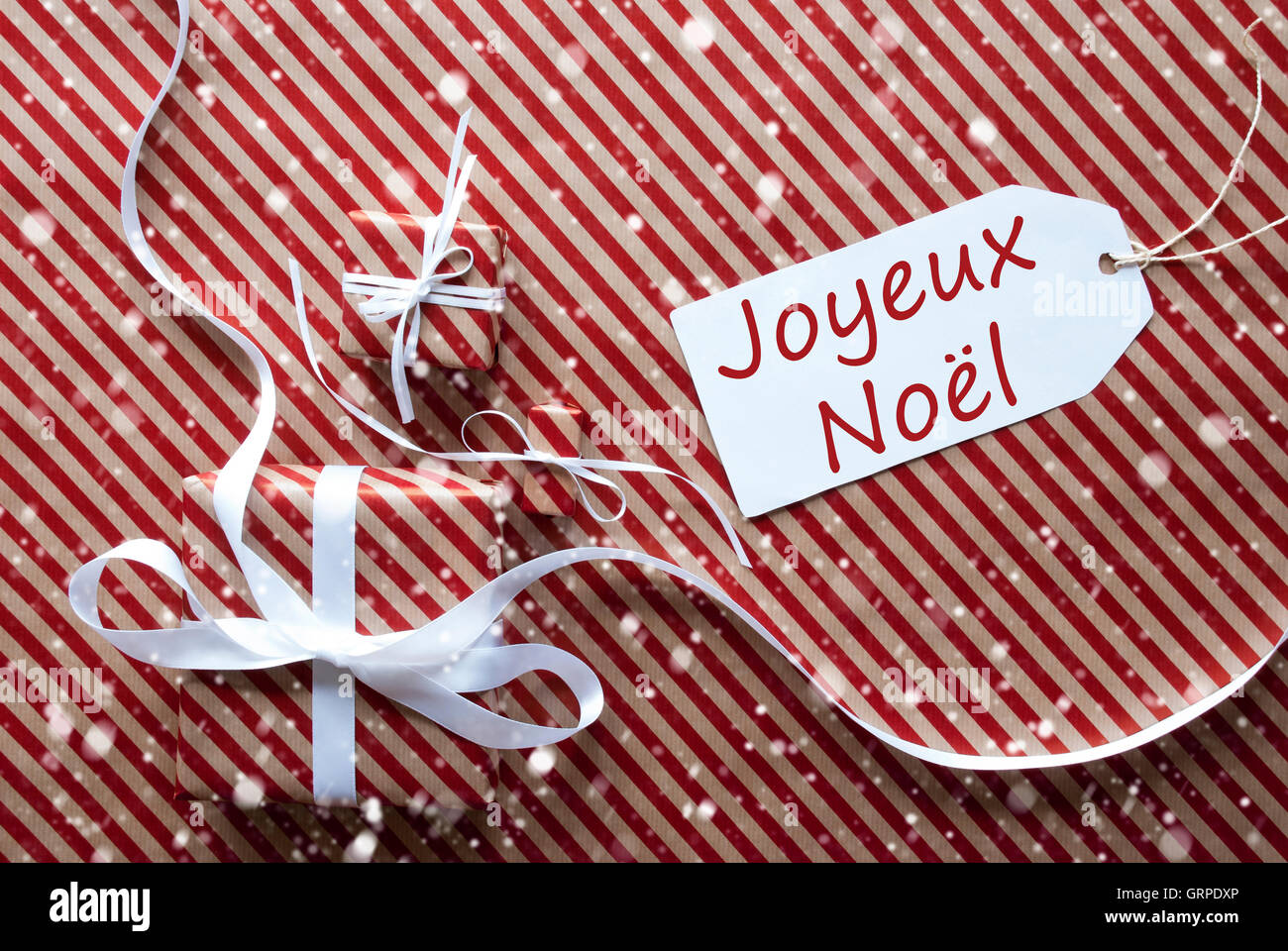 Gifts With Label, Snowflakes, Joyeux Noel Means Merry Christmas Stock Photo