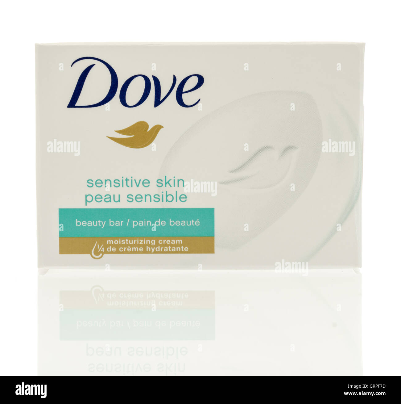 Winneconne, WI - 7 September 2016:  Box of Dove soap sensitive skin on an isolated background. Stock Photo