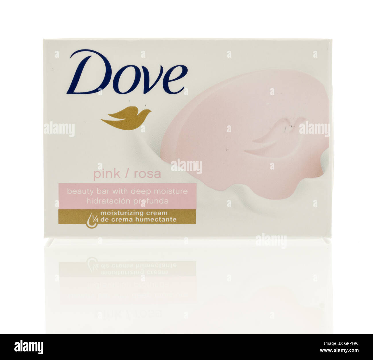 Winneconne, WI - 7 September 2016:  Box of Dove soap pink beauty bar with deep moisture on an isolated background. Stock Photo