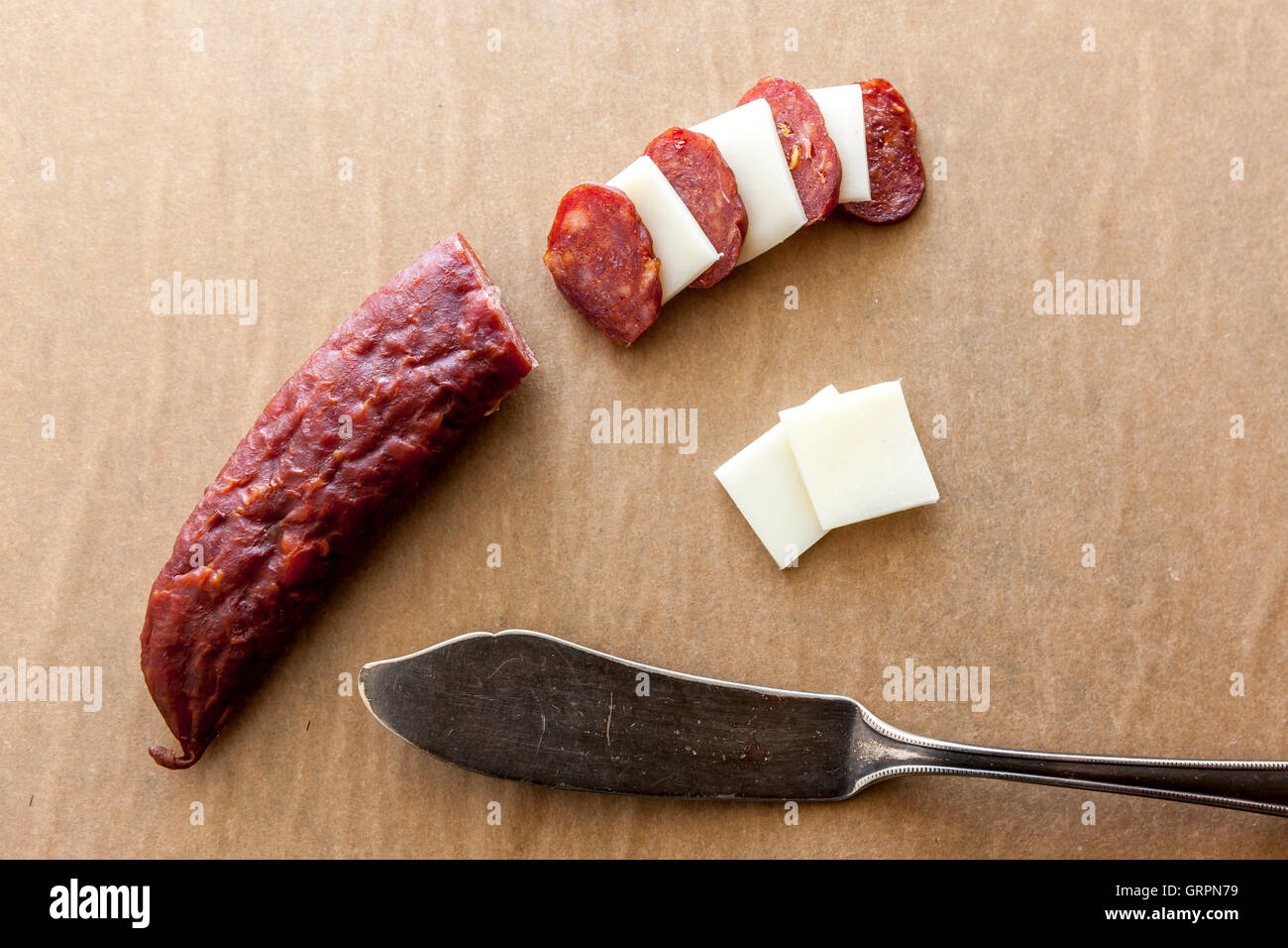 Sliced cheese and jerky Stock Photo Alamy