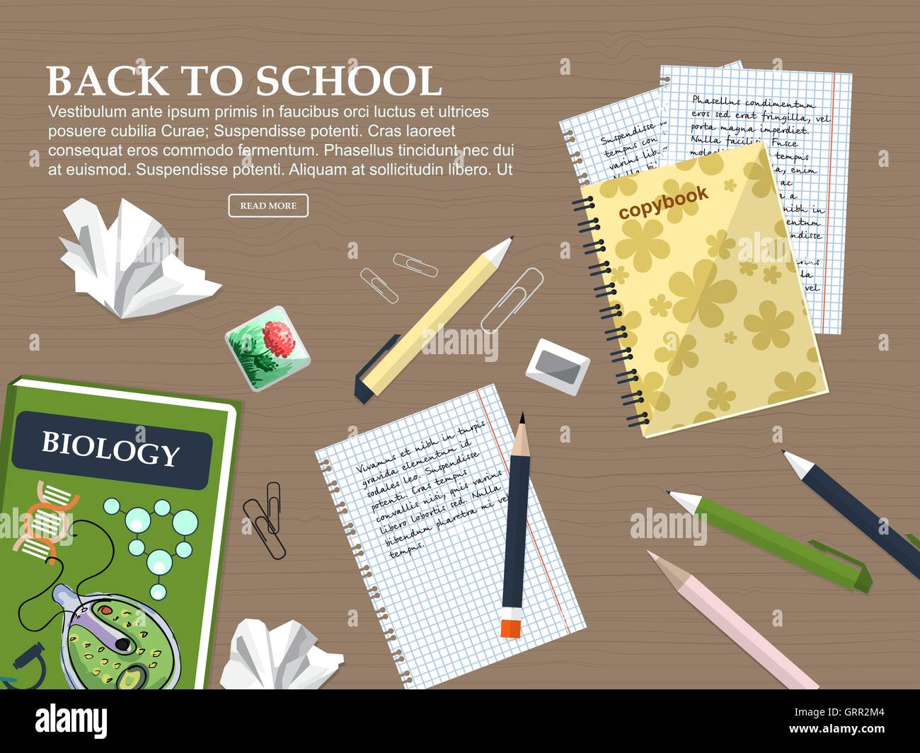 Composition back to school with schoolbook, exercise books and stationery. Vector Stock Vector