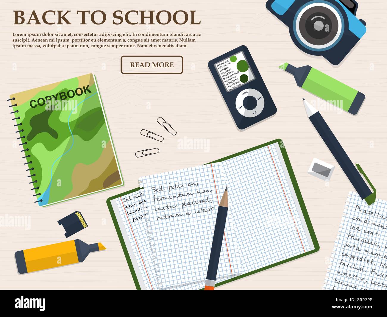 Working student desk with copybook and stationery. With place for your text. Vector Stock Vector