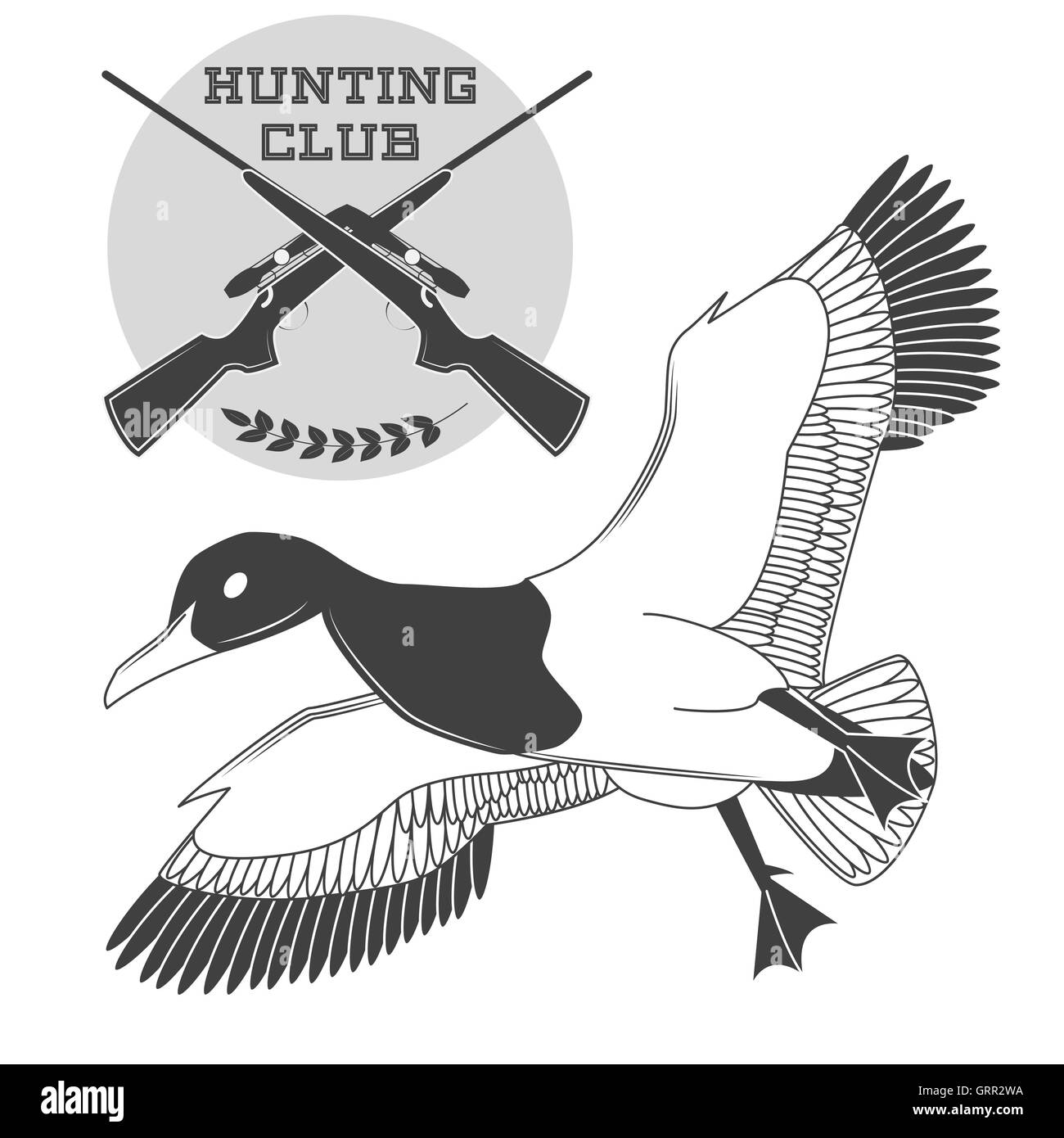 Vintage label with a duck, weapons for lucky hunting club. Vector Stock Vector
