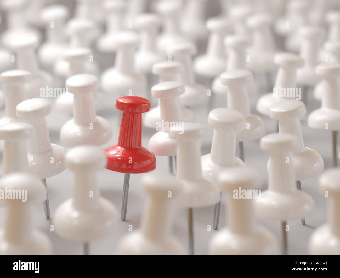 3D illustration. Featured red pin among others all white. Stock Photo