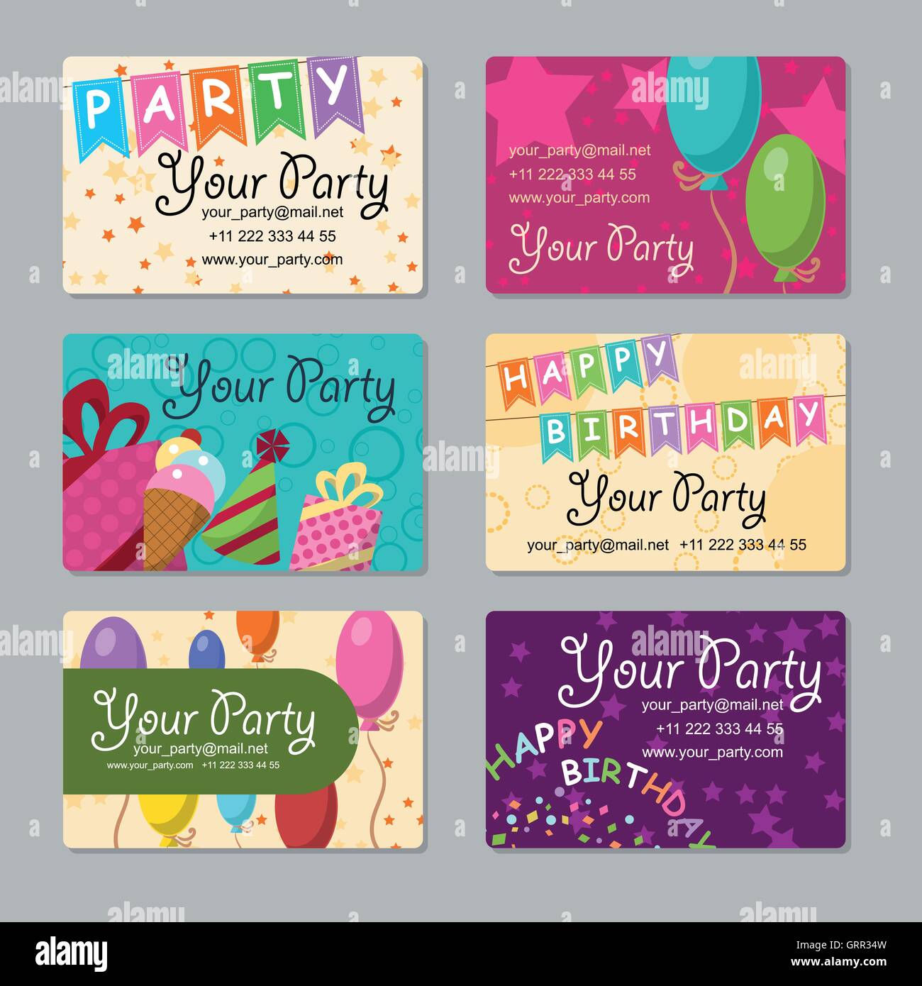 Set of business card your party with gifts, balloons, ice cream and hat