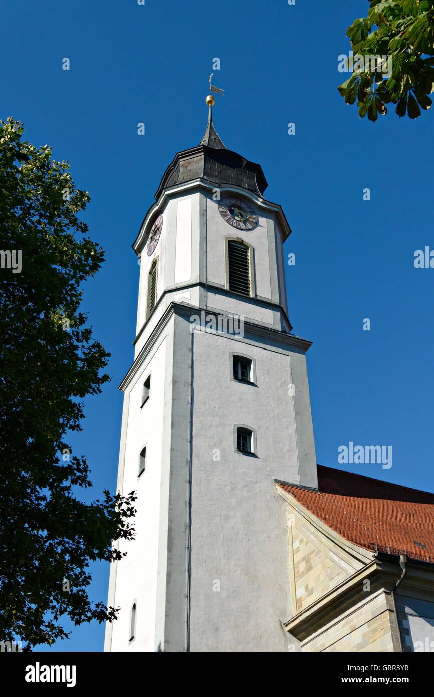 Notre-Dame Cathedral clock bell tower, Protestant church of St. Stephen on the island of Lindau, Swabia, Bavaria, Germany Stock Photo