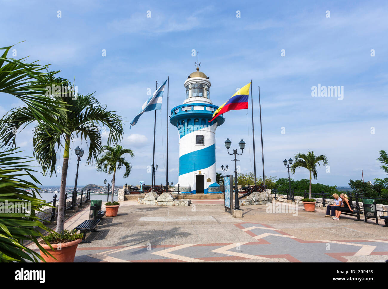 Blue and white striped Lighthouse, a local landmark on the hilltop at Barrio Las Penas, Guayaquil, second city of Ecuador, South America Stock Photo