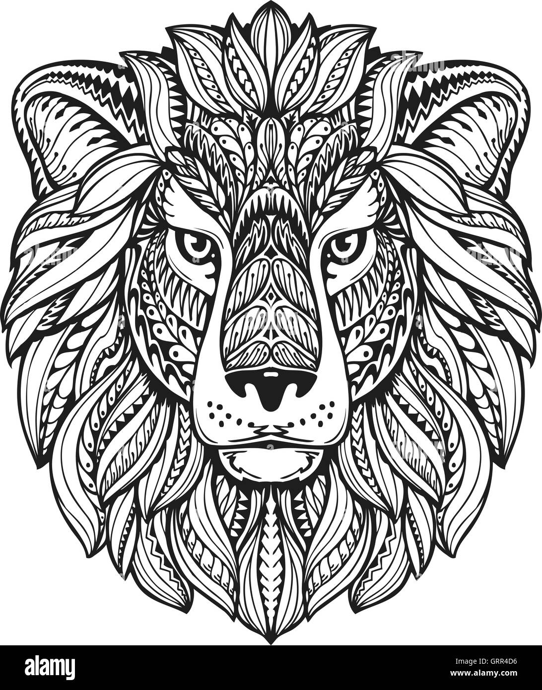 Lion ethnic graphic style with herbal ornaments and patterned mane. Vector illustration Stock Vector