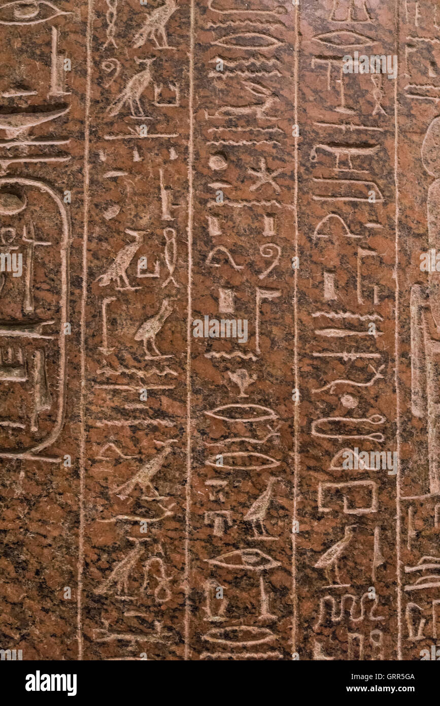 Egyptian hieroglyphics on Sarcophagus of King Ramses III, at The Louvre Museum, Paris, France Stock Photo