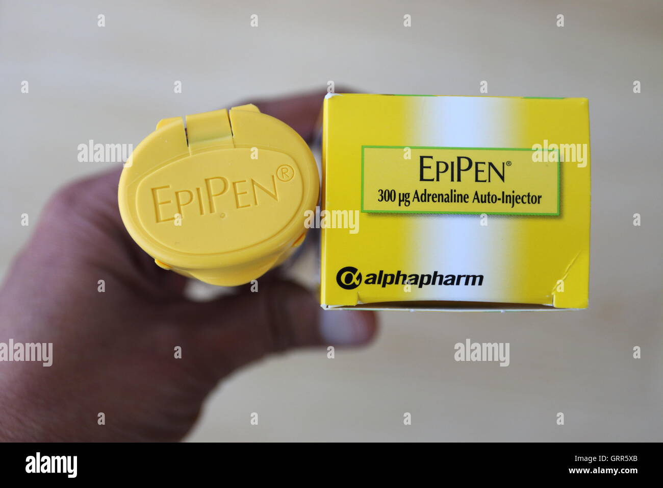 Close up image of adult  EpiPen - Adrenalin injection for Anaphylaxis Stock Photo