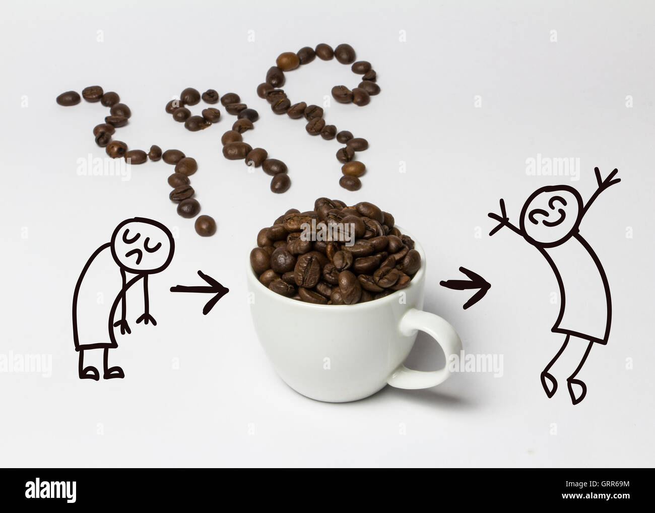 Coffee cup with scattered beans and doodles. Shows that coffee make you