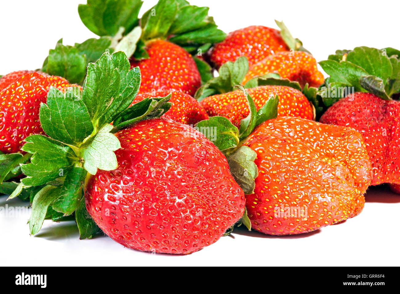 Close up studio shot of nine fresh organic red strawberries with green ...