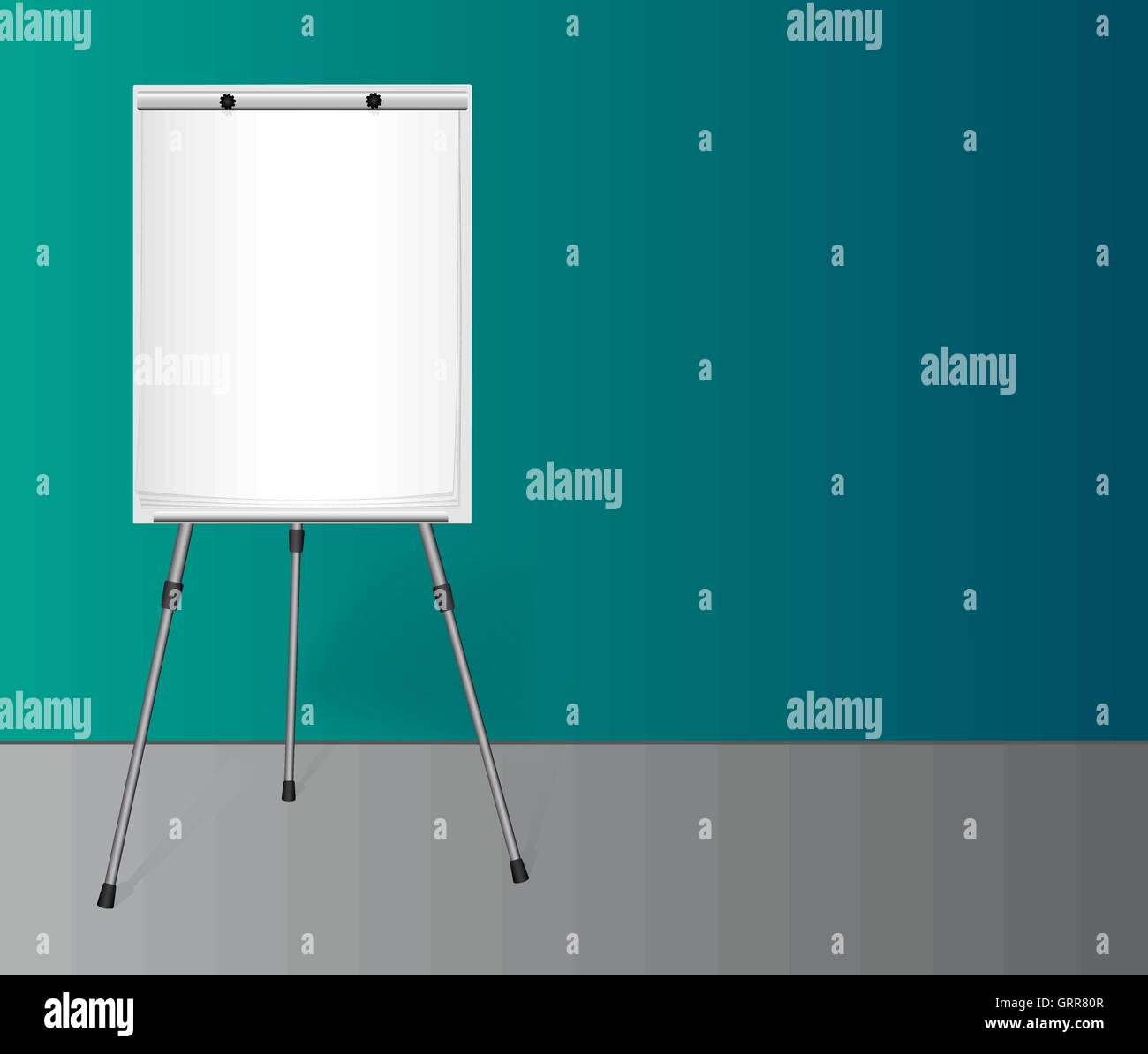 Flip chart with a blank sheet of paper near colored wall in the office