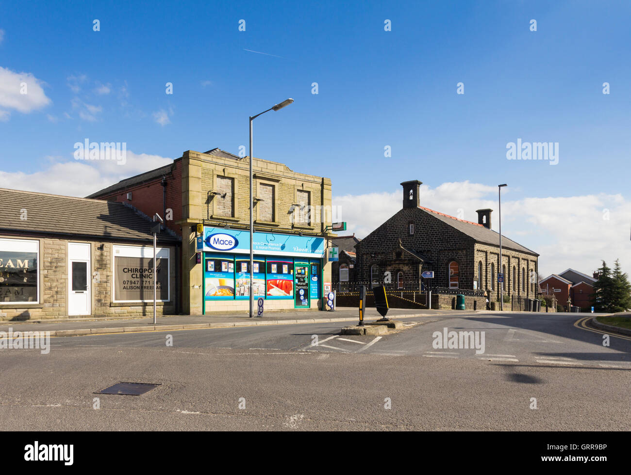 The centre of Greenmount village, Bury, Lancashire, at the junction of the  B6215 Holcombe Road and Brandlesholme Road. Stock Photo