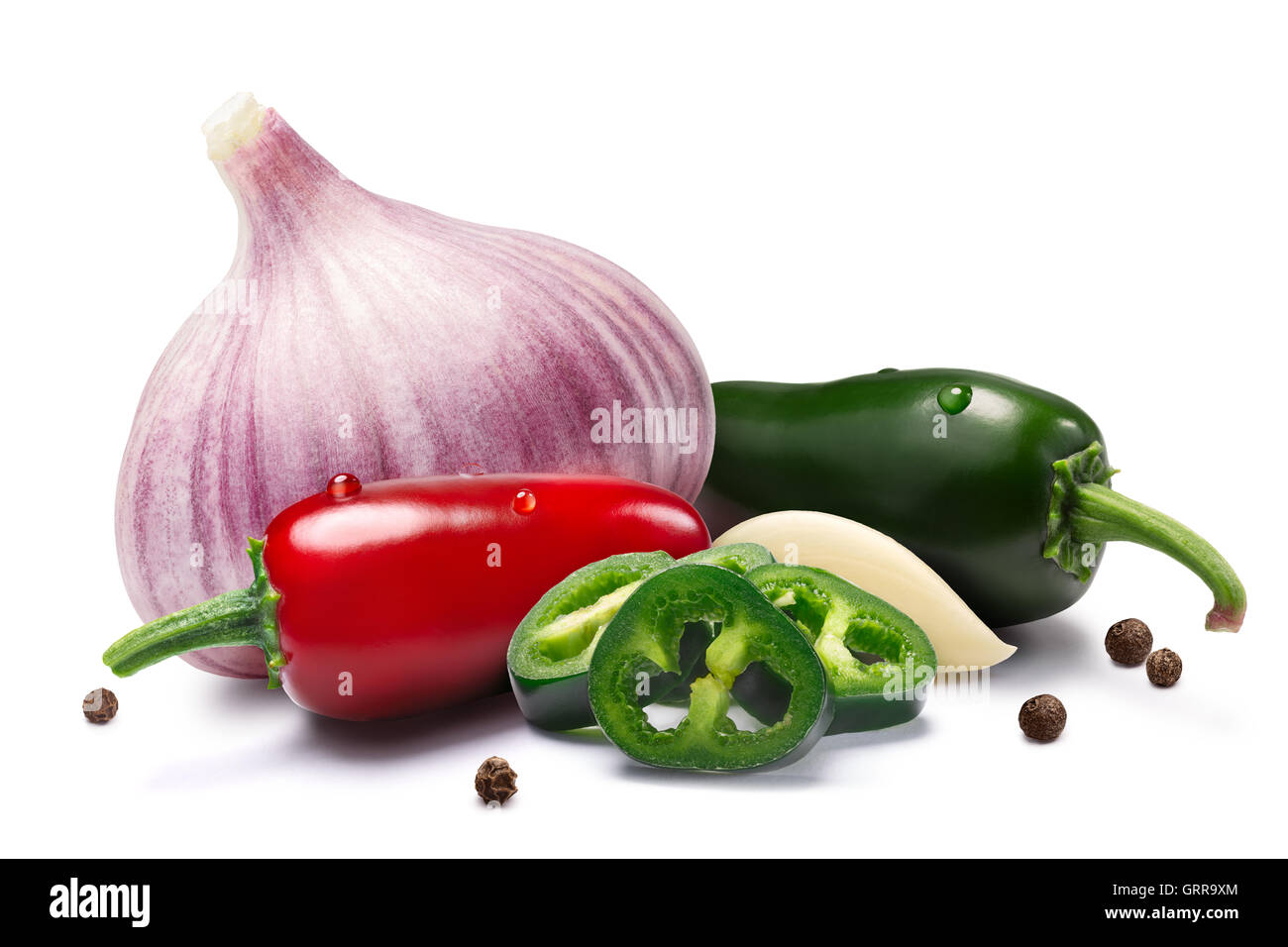 Garlic bulb and cloves with mild Jalapeno peppers and peppercorns together. Clipping paths, shadows separated. Design elements Stock Photo