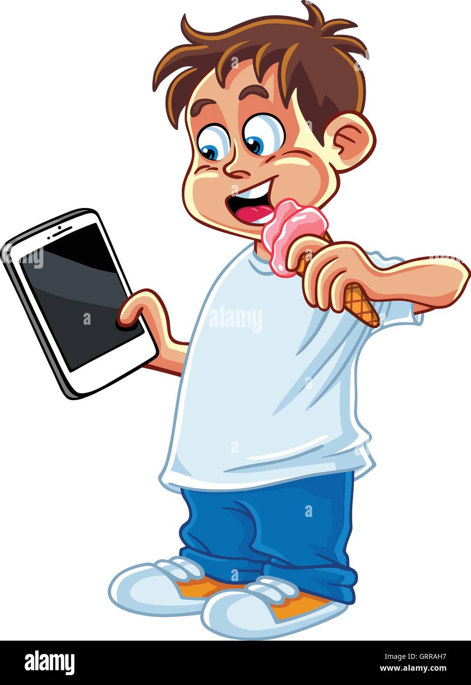 Kid Playing Tablet Phone Gadget Cartoon Vector Stock Vector Image & Art