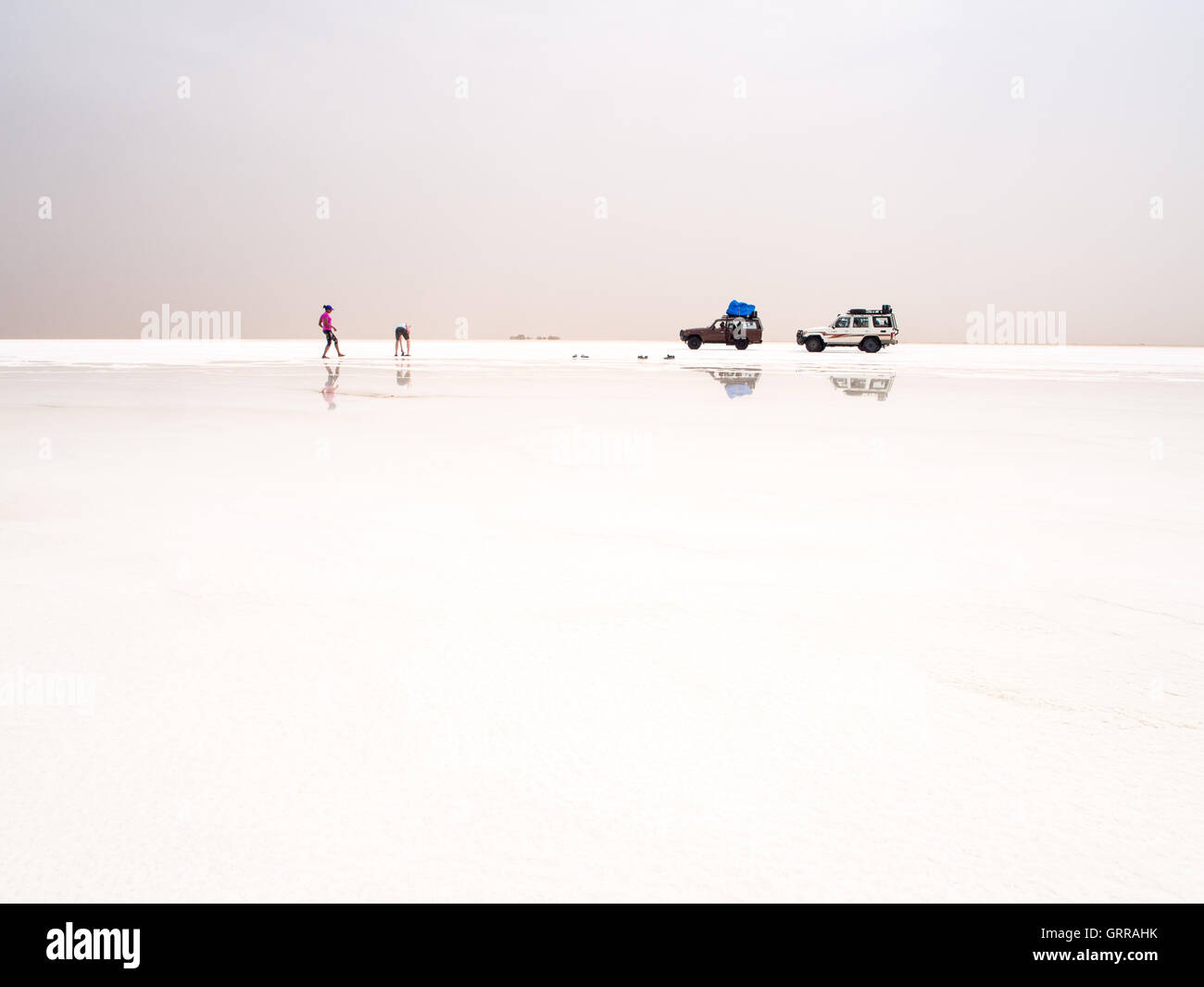 Tourists visiting salt desert and lake in the Afar Region, Ethiopia. Stock Photo