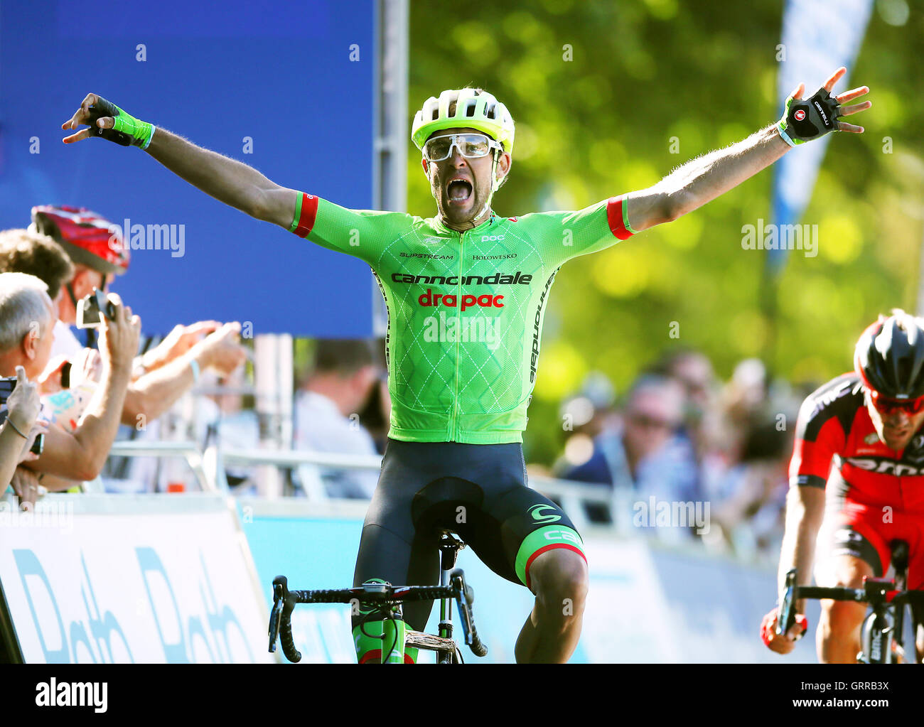 Cannondale-Drapac Jack Bauer celebrates following his stage five victory of the 2016 Tour of Britain between Aberdare and Bath. Stock Photo