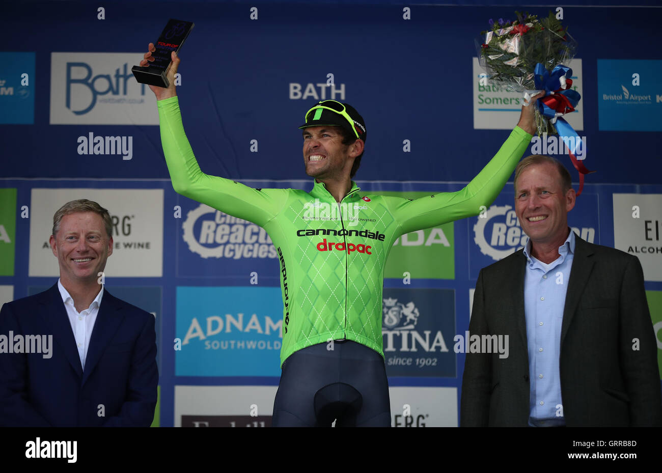 Cannondale-Drapac Jack Bauer celebrates following his stage five victory of the 2016 Tour of Britain between Aberdare and Bath. Stock Photo