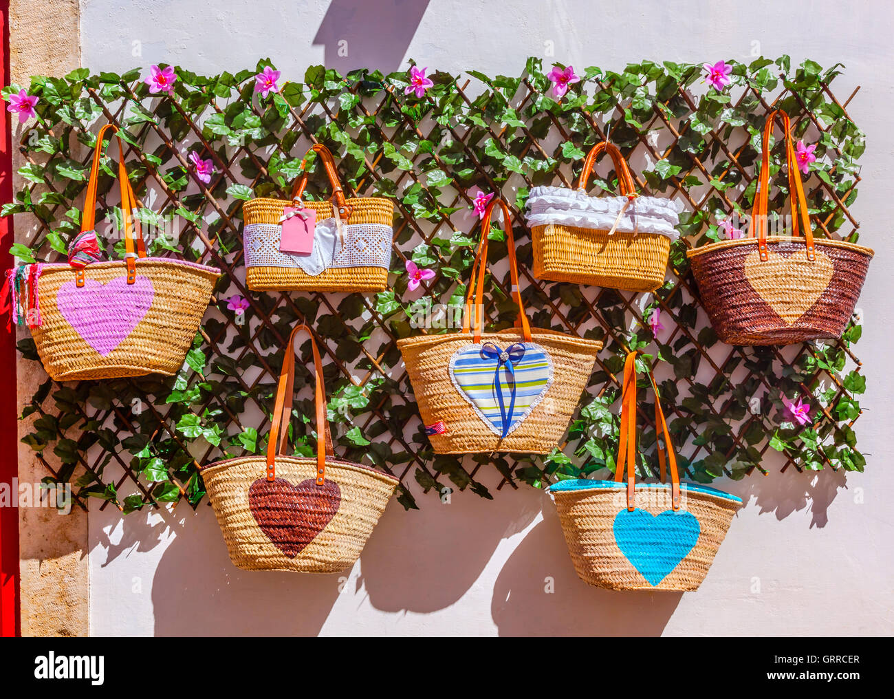 Straw Baskets Bags Colorful Handicrafts 11th Century Medieval Town Obidos Portugal Stock Photo