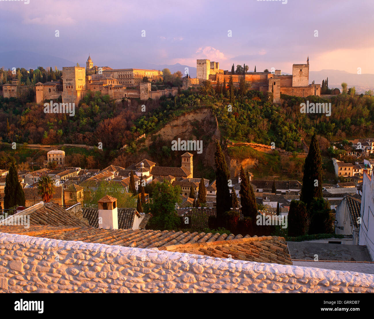 Alhambra Palace at sunset, Granada, Andalucia, Spain Stock Photo