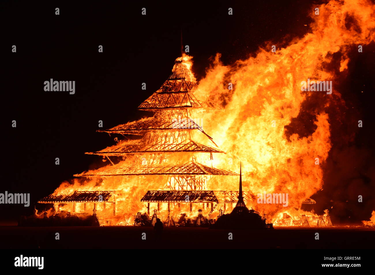 The Temple sculpture is set fire during the final celebration at the annual desert festival Burning Man September 4, 2016 in Black Rock City, Nevada. Stock Photo