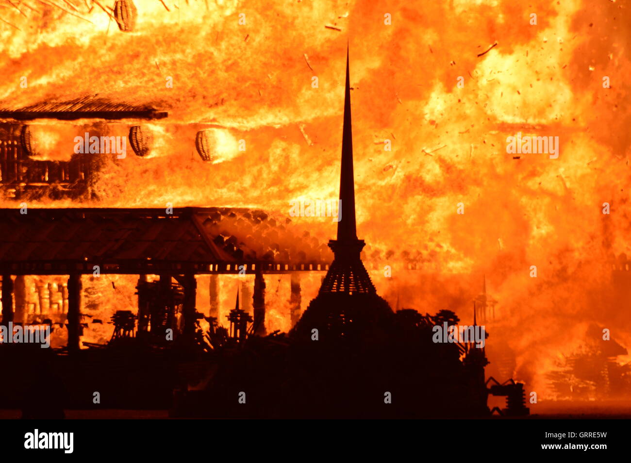 The Temple sculpture is set fire during the final celebration at the annual desert festival Burning Man September 4, 2016 in Black Rock City, Nevada. Stock Photo