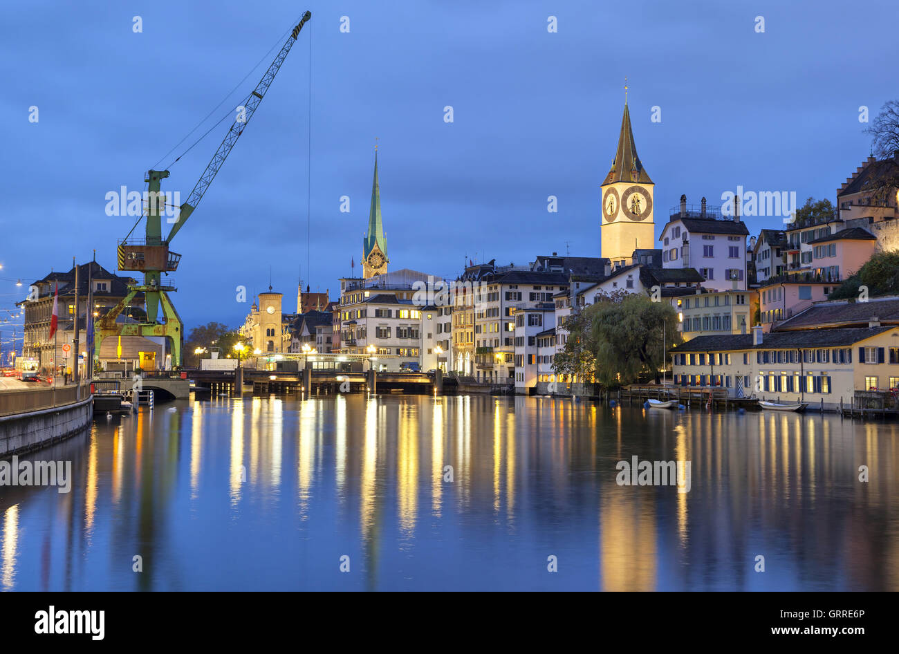 River Limmat  in the centre of Zurich in the evening, Switzerland Stock Photo