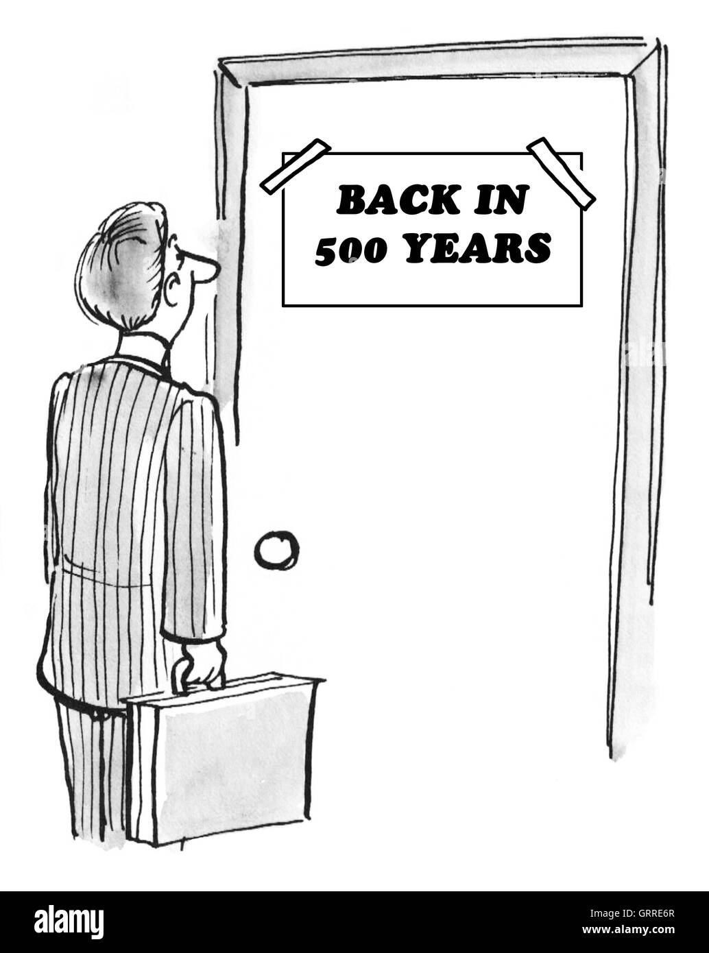 B&W business illustration showing a businessman looking at a sign 'back in 500 years'. Stock Photo