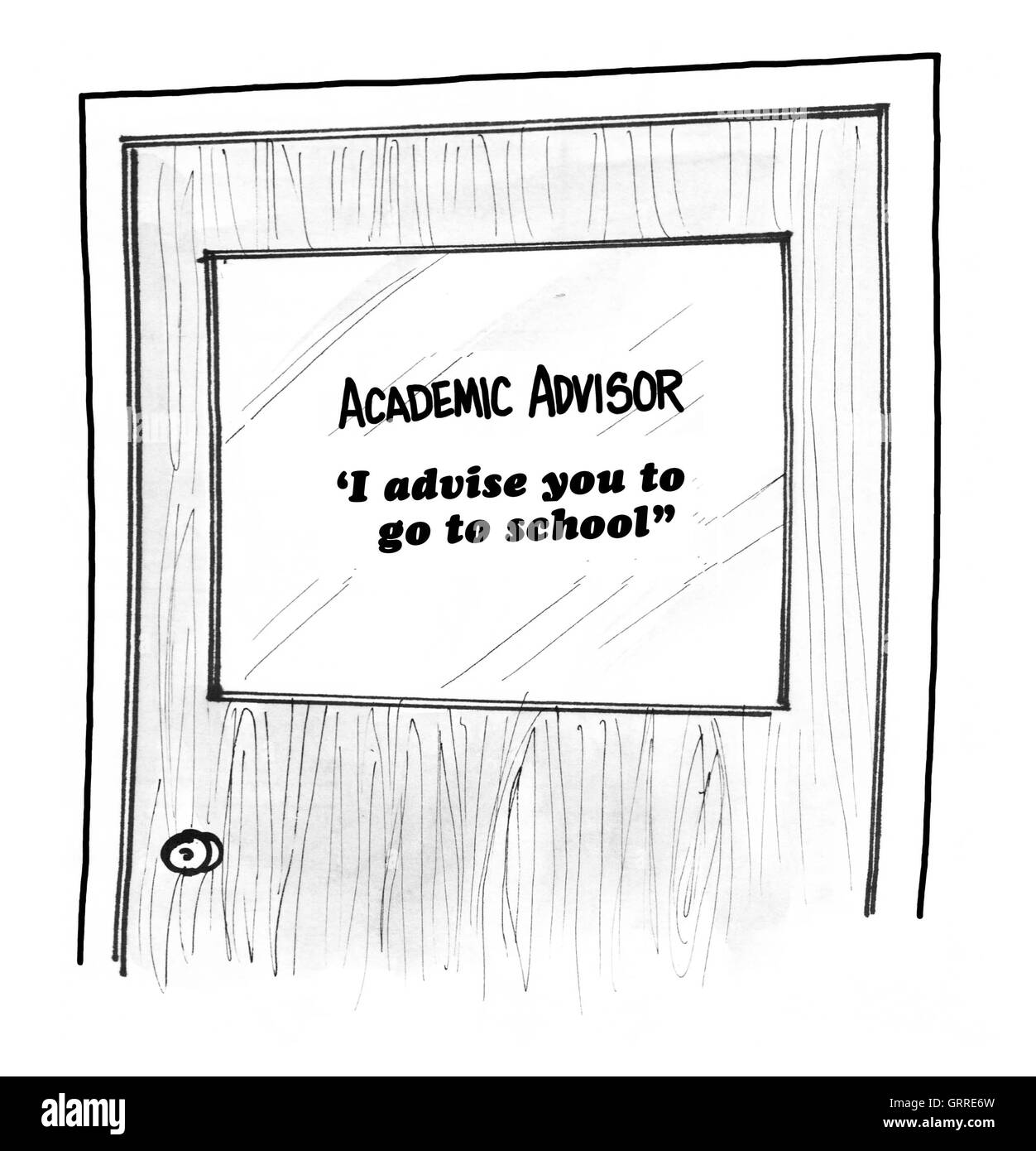 B&W education illustration of an academic advisor's door with a sign on it. Stock Photo