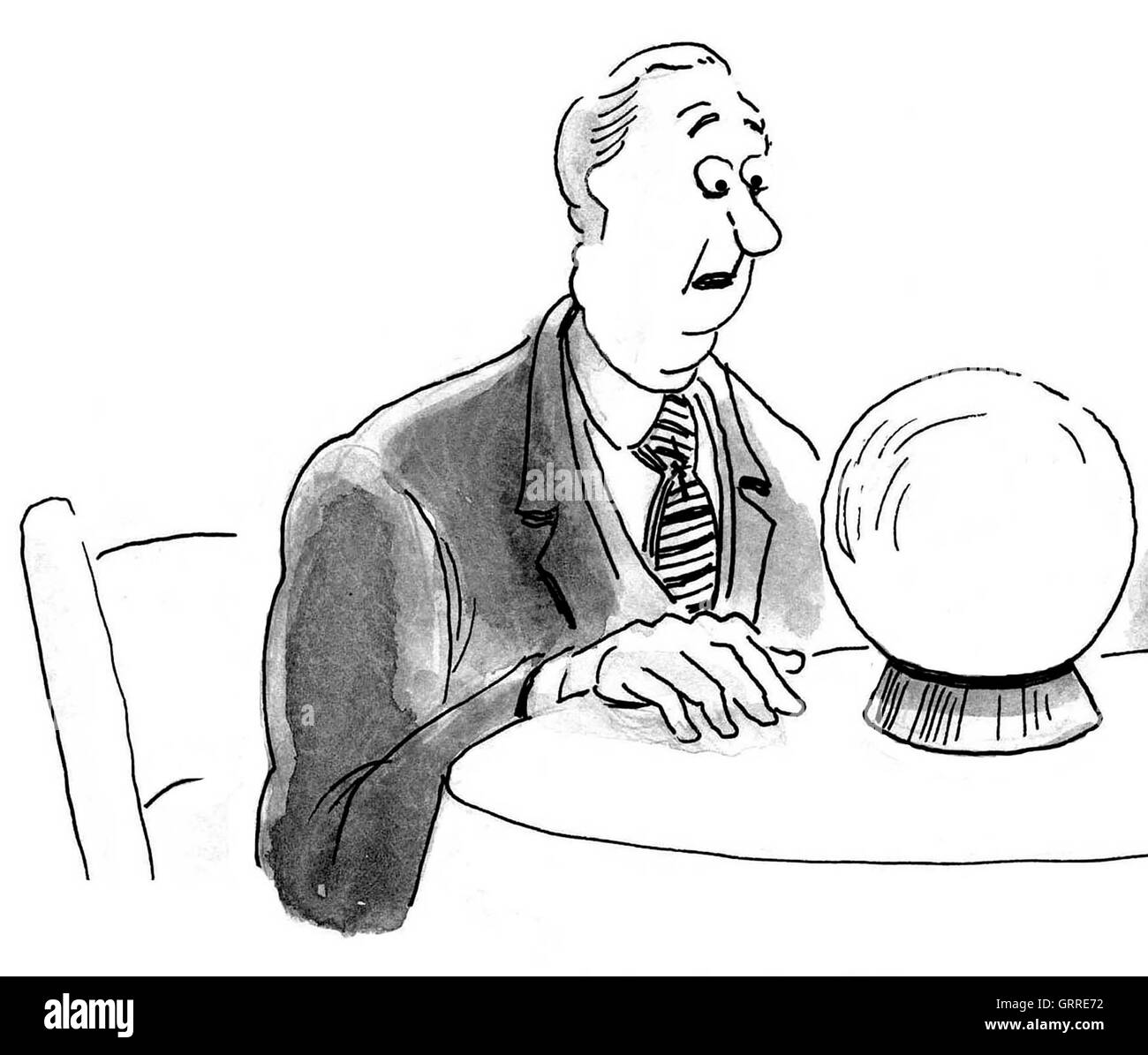B&W business illustration showing businessman looking into crystal ball. Stock Photo