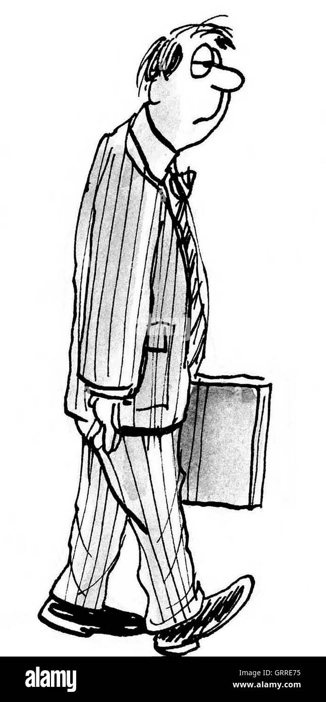 B&W business illustration of a tired businessman who is walking. Stock Photo