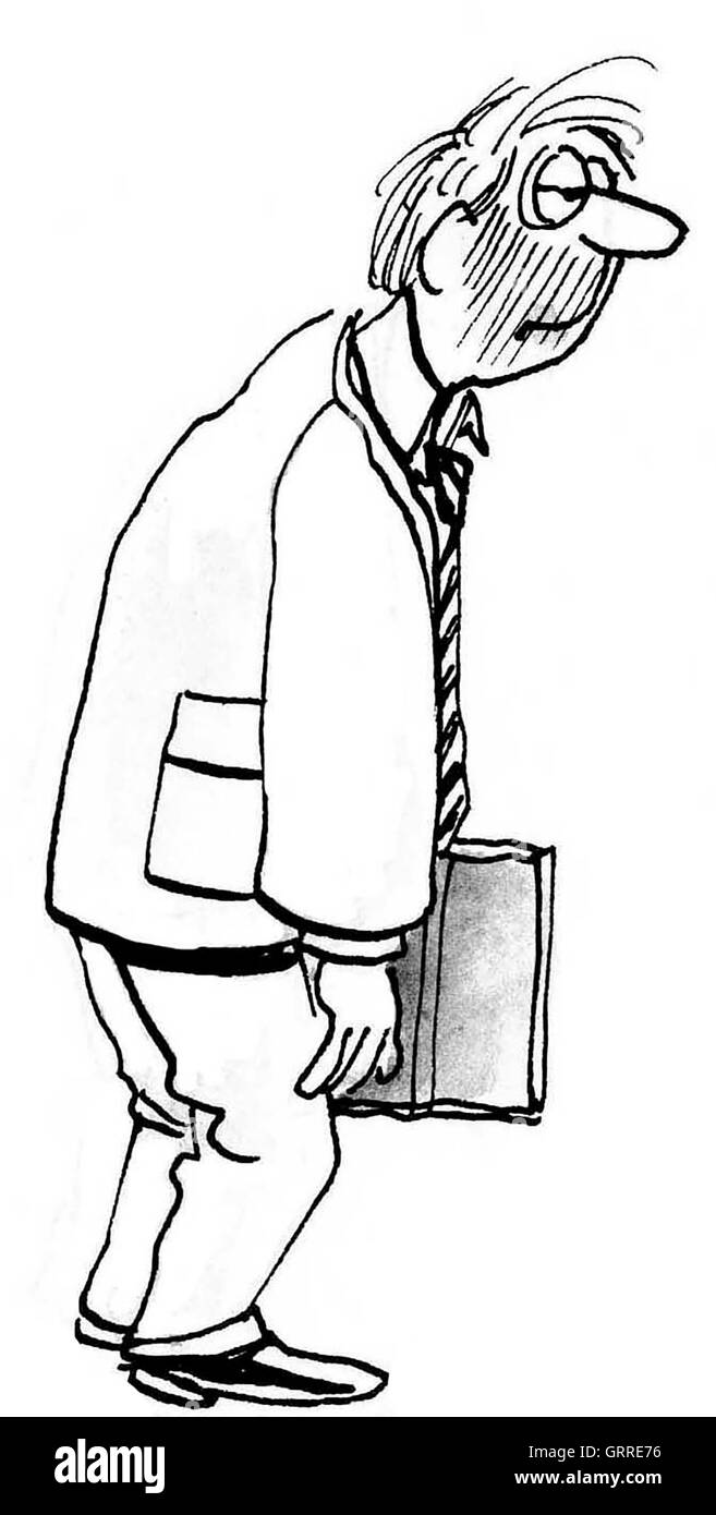 B&W business illustration of tired, slumping businessman. Stock Photo