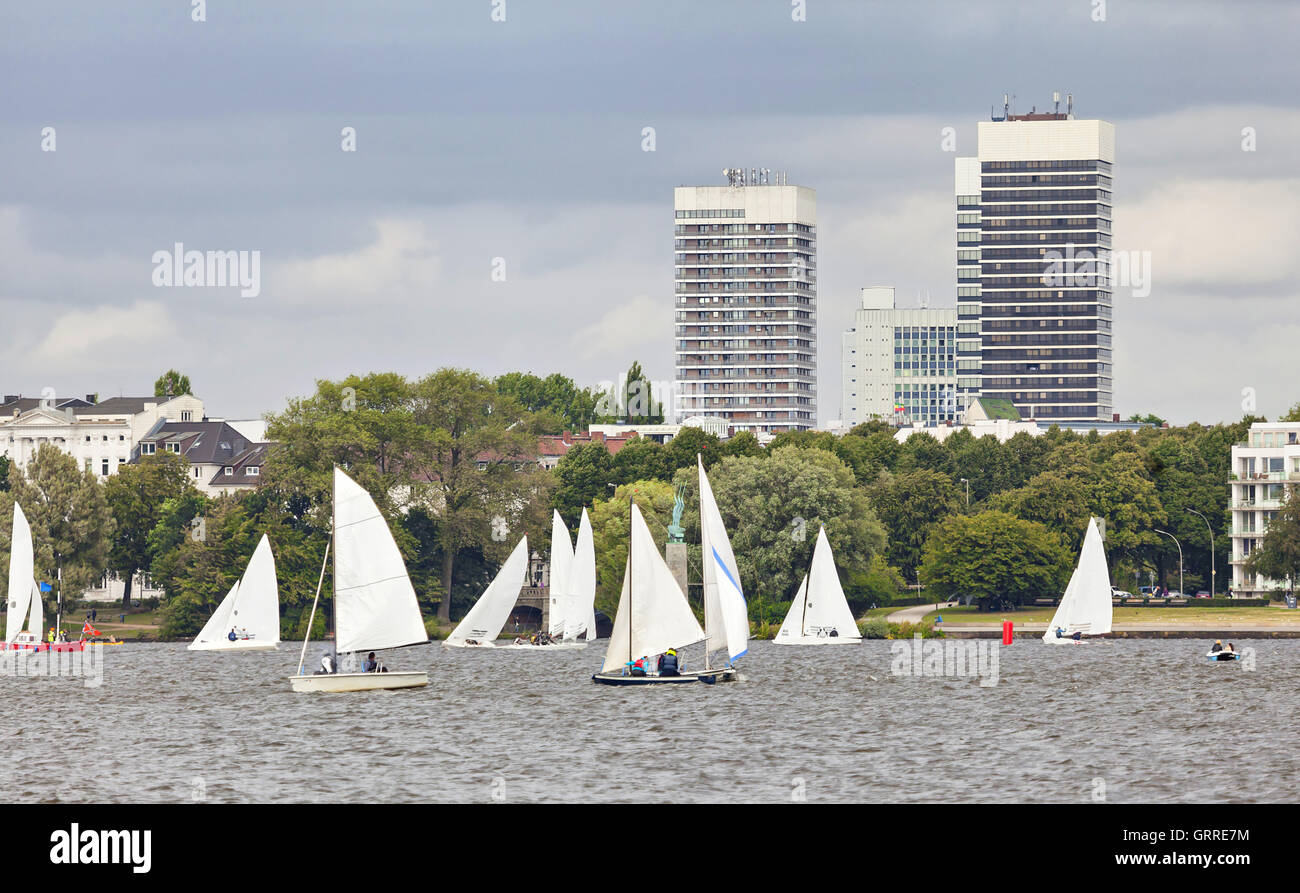 Sailing boats on the Outer Alster lake (Aussenalster) in Hamburg, Germany Stock Photo