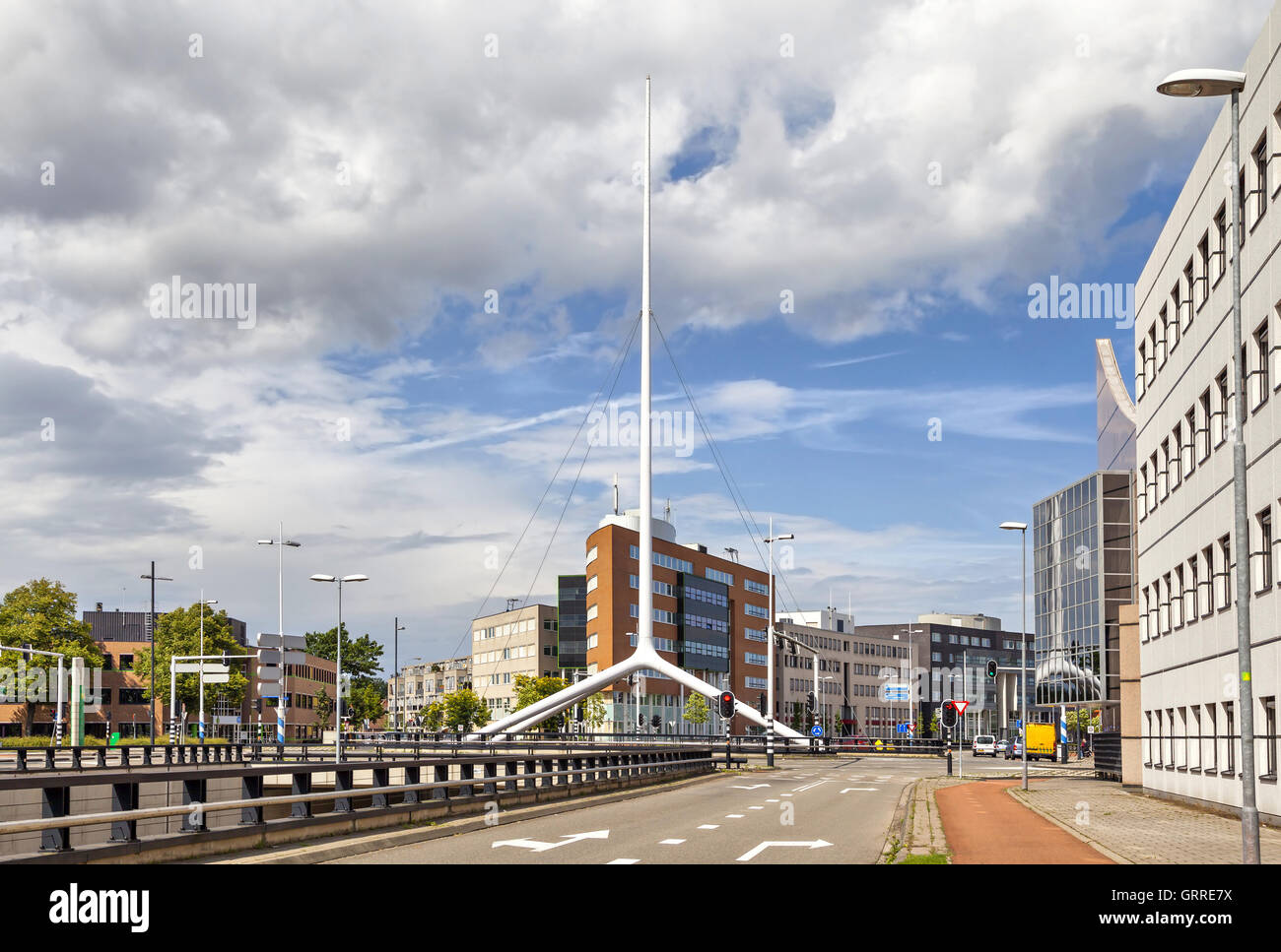 Thin white steeple on one of the crossroads of Eindhoven, Netherlands Stock Photo