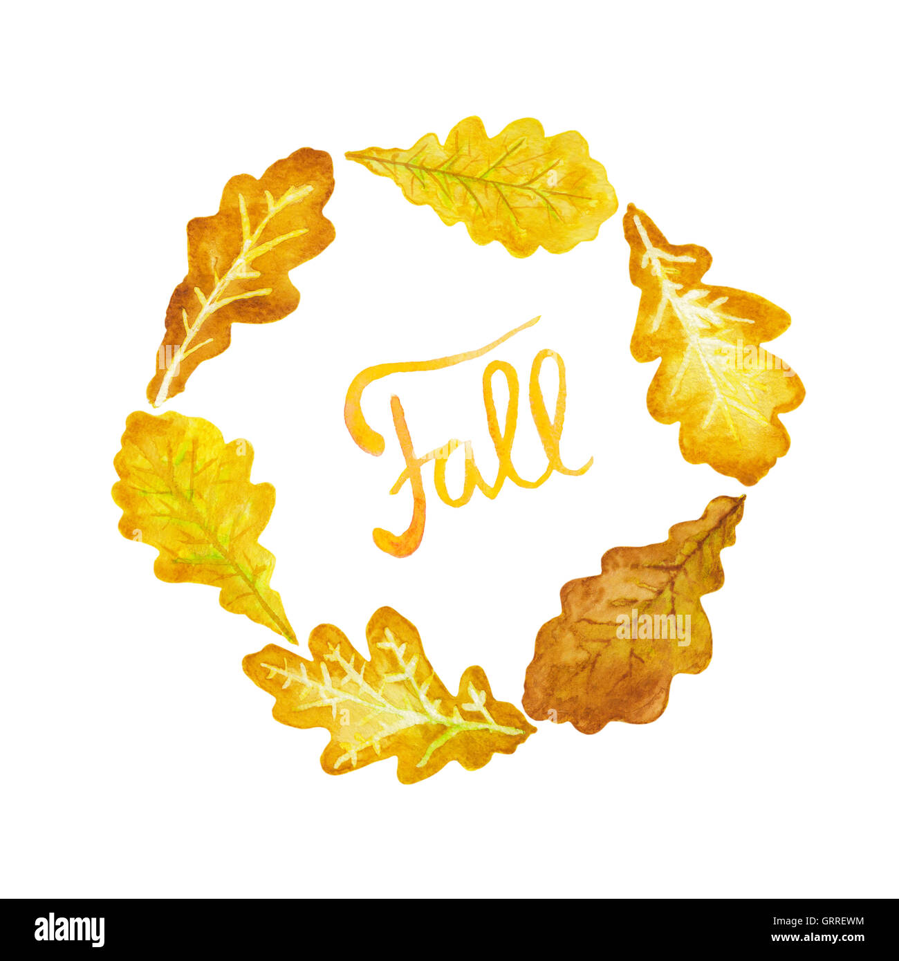 Six fall oak leaves and lettering watercolor Stock Photo