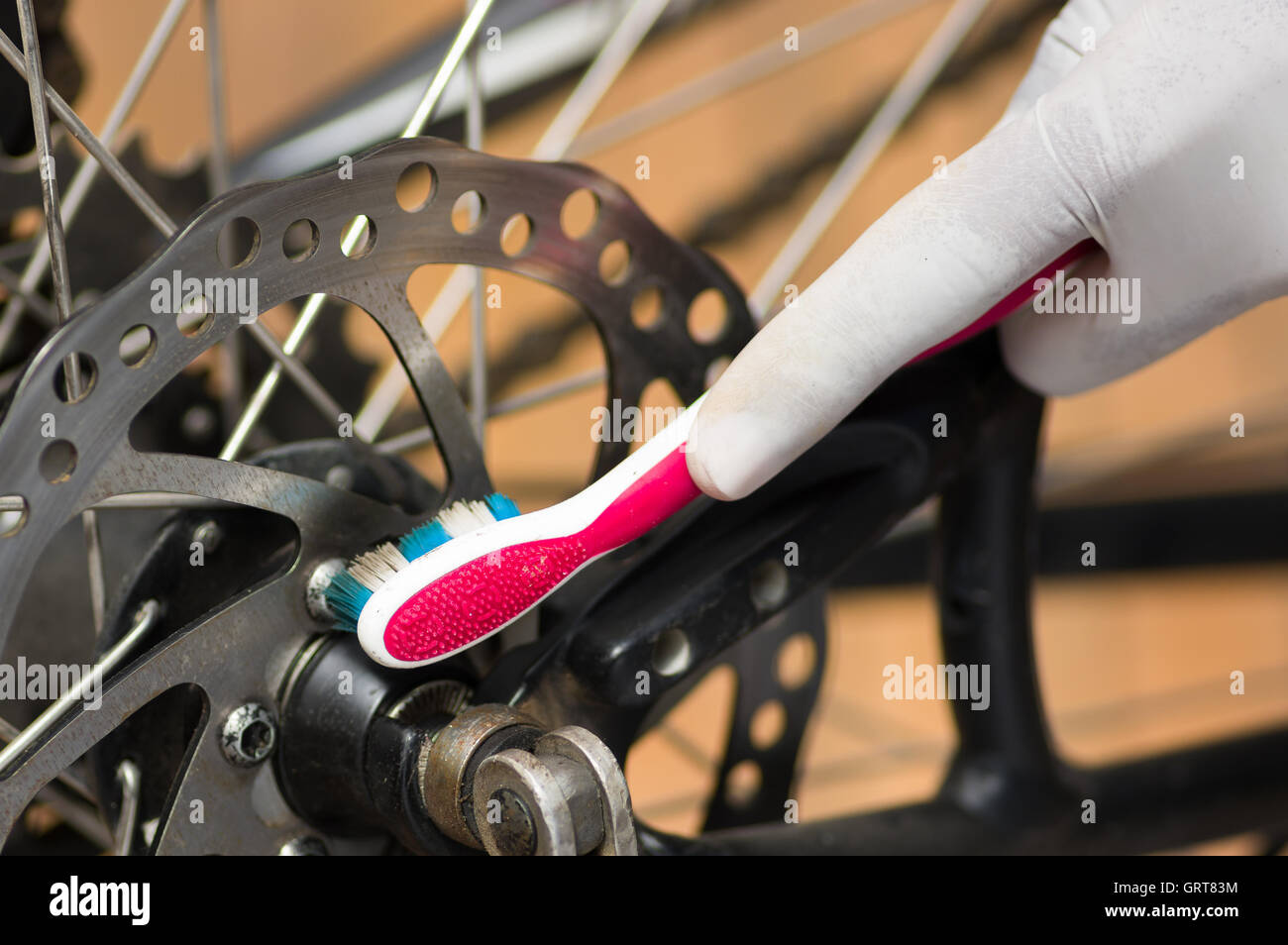 Closeup detailed look at bicycle wheel gear shifting mechanics during