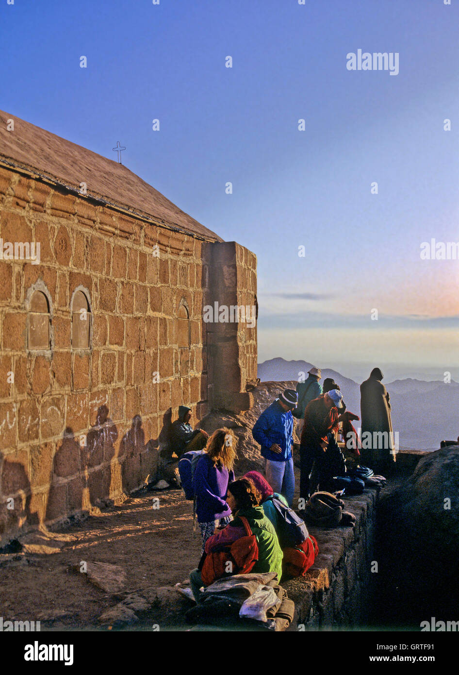 Pilgrims at dawn on mount Sinai, Sinai, Egypt Stock Photo