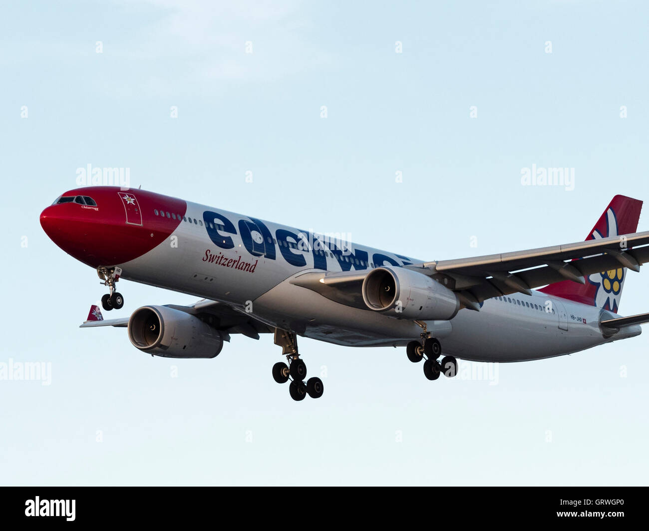 Edelweiss Air Airbus A330 wide-body jetliner HB-JHQ final approach for landing at Vancouver International Airport, Canada Stock Photo