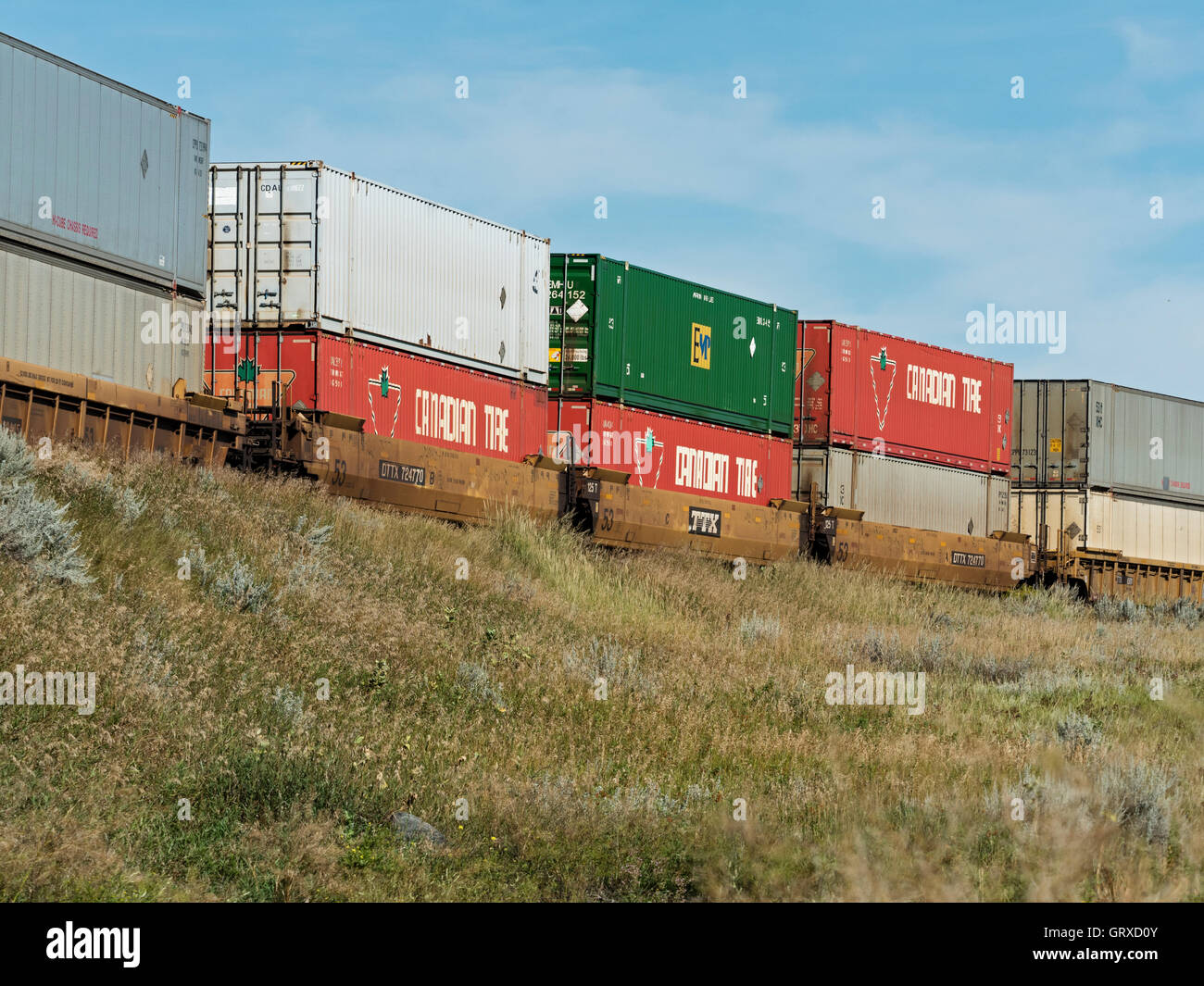 Intermodal containers on a Canadian Pacific Railway freight train