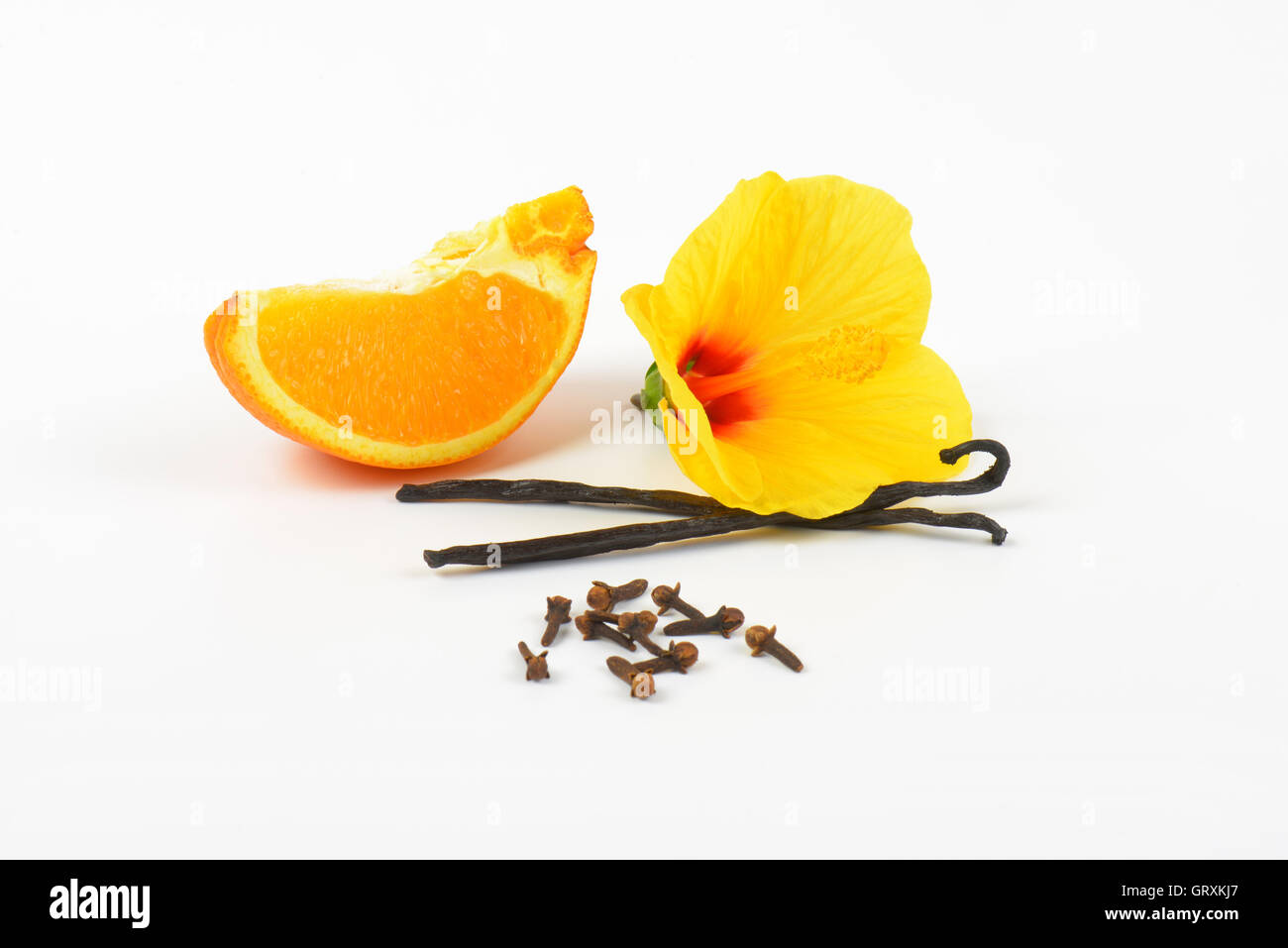 hibiscus, orange, vanilla and cloves on white background Stock Photo