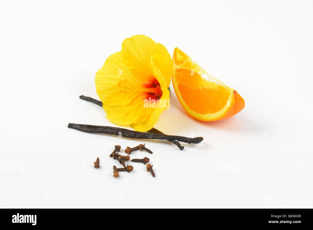 hibiscus, orange, vanilla and cloves on white background Stock Photo