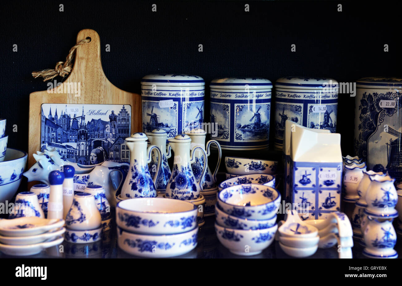 Delftware on display in a souvenir shop in Delft. Stock Photo