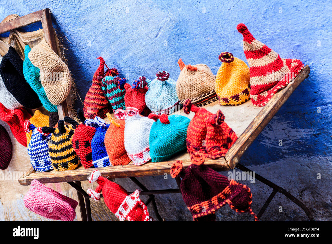 Colorful funny hats for sale in a flea 