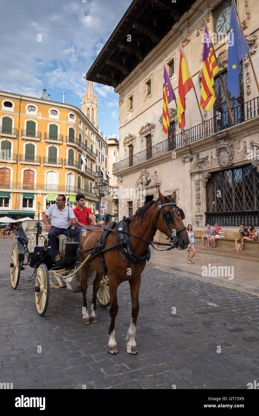 Horse carriage outside the Town Hall of Palma de Mallorca, Balearic Islands, Spain Stock Photo