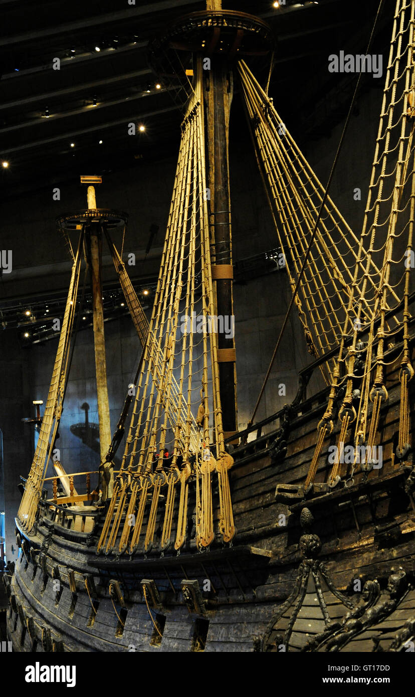 Warship Vasa. Built at 1626-1628 on the orders of the King of Sweden Gustavus Adolphus. Gunport, deadeyes, chainplate and shrouds. Vasa Museum. Stockholm. Sweden. Stock Photo